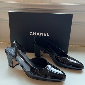 CHANEL - SLINGBACKS BLACK PATENT - HEELS - GENUINE, AUTHENTIC WITH RECEIPT